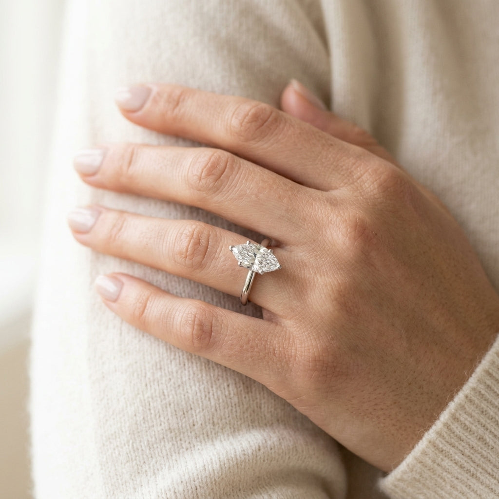 Hidden Halo Marquise Engagement Ring - worn lifestyle photo