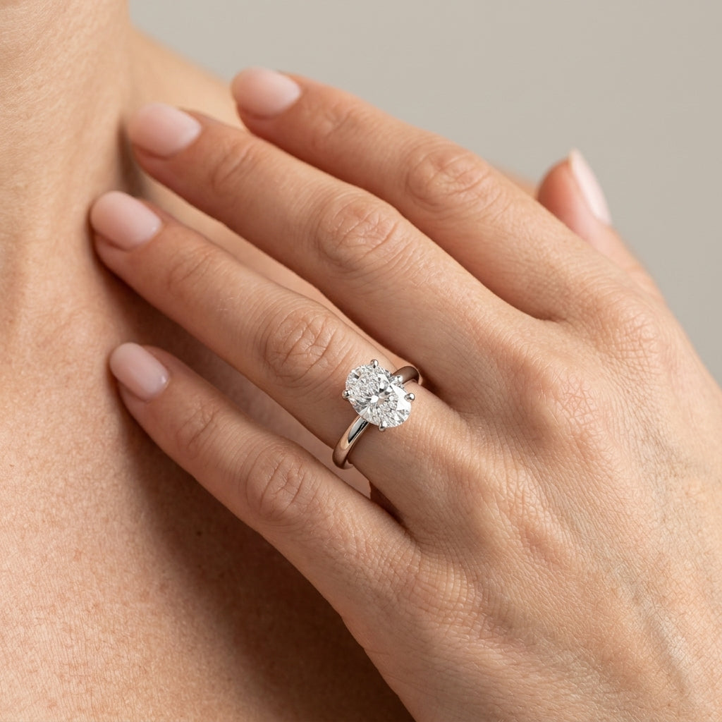 Solitaire Oval Engagement Ring - worn lifestyle photo