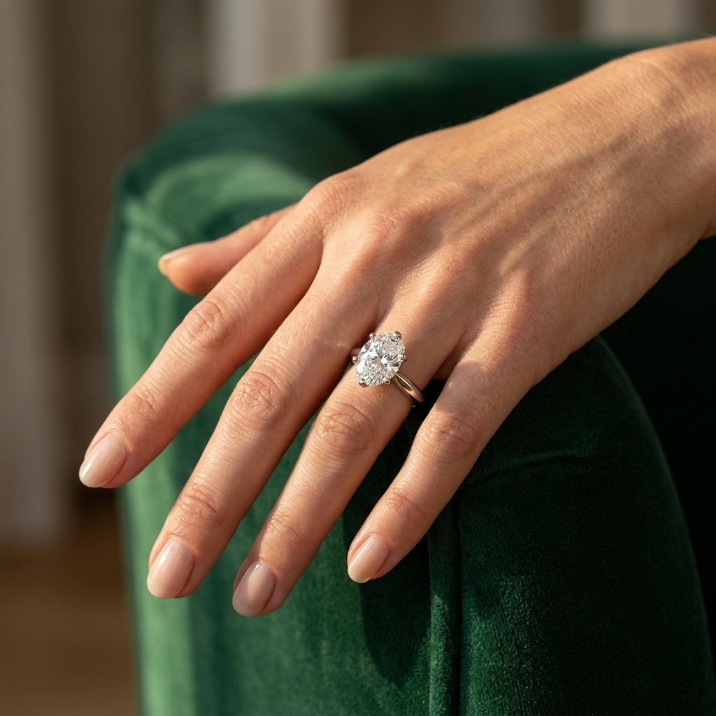 Solitaire Oval Shape Engagement Ring - worn lifestyle photo