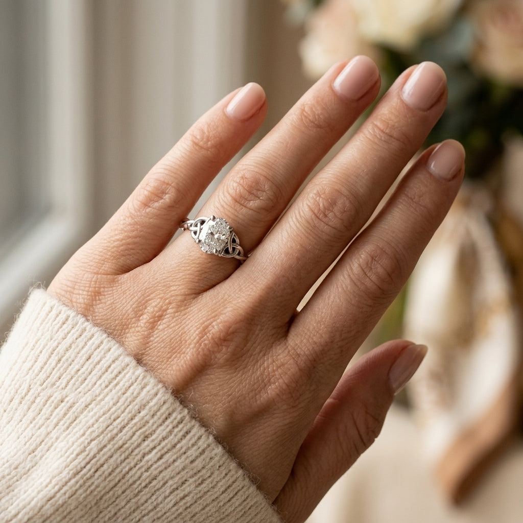 Oval-Cut Solitaire Twisted Engagement Ring - worn lifestyle photo