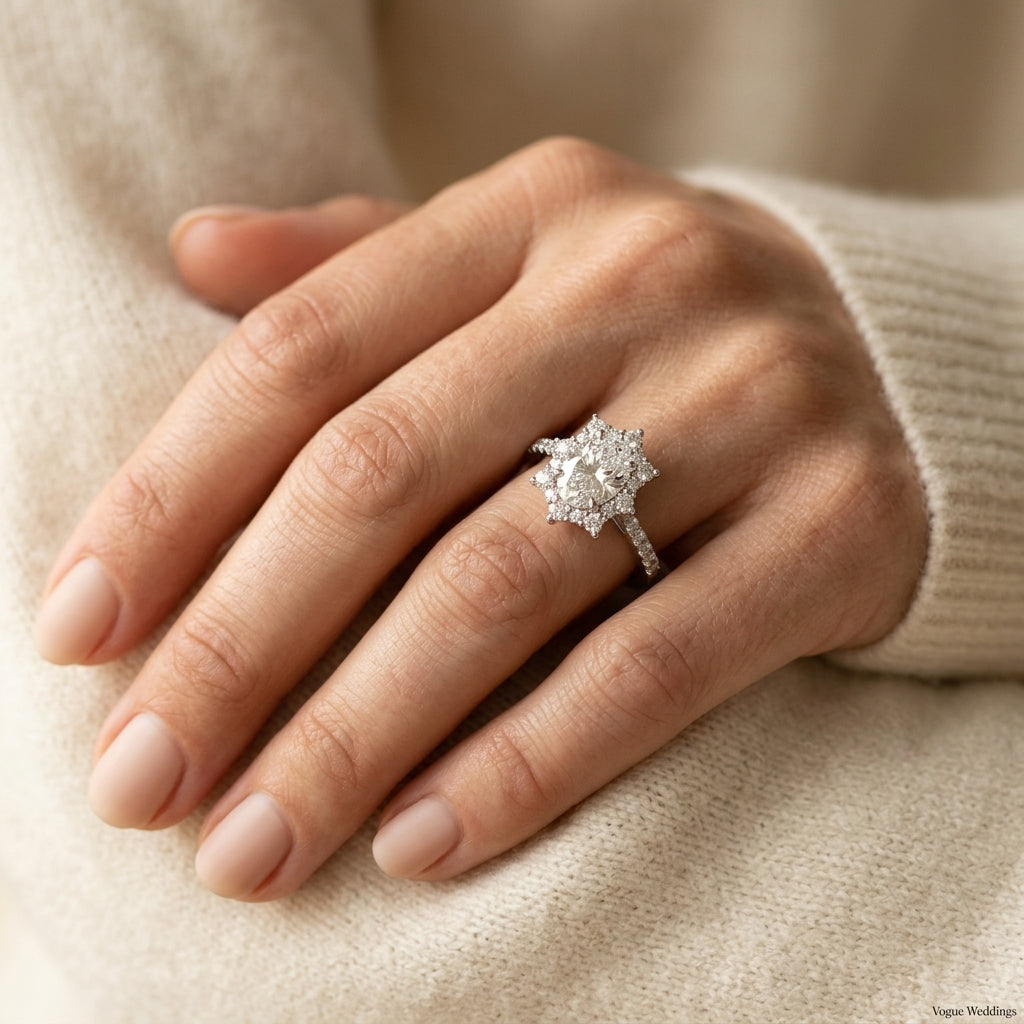 Vintage Inspired Oval Halo Engagement Ring - worn lifestyle photo