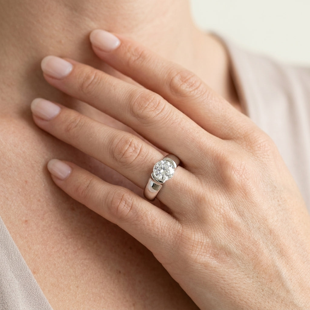 Round Half Bezel Solitaire Engagement Ring - worn lifestyle photo