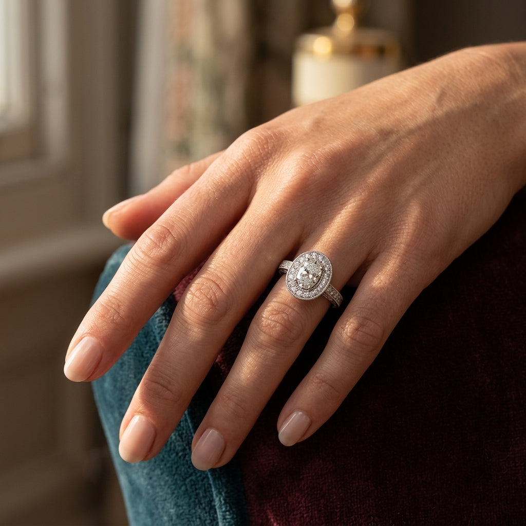 Oval Shaped Milgrain Filigree Engagement Rings - worn lifestyle photo