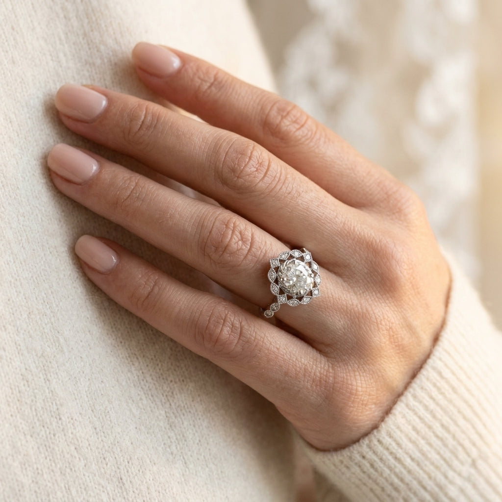 Oval Halo Vintage Engagement Ring - worn lifestyle photo