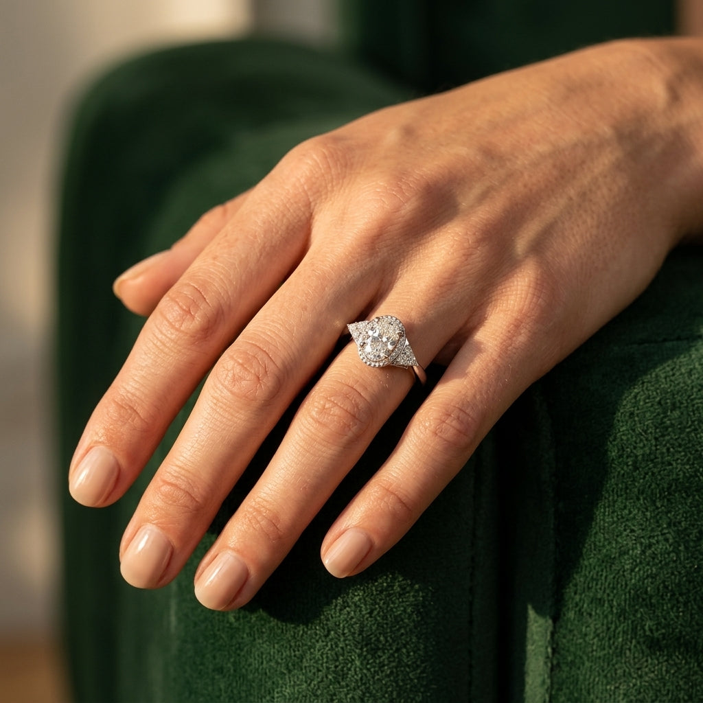 Vintage-Inspired Oval Engagement Ring - worn lifestyle photo