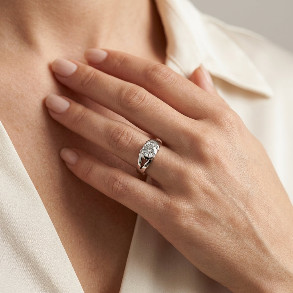 Half Bezel Round Engagement Ring - worn lifestyle photo