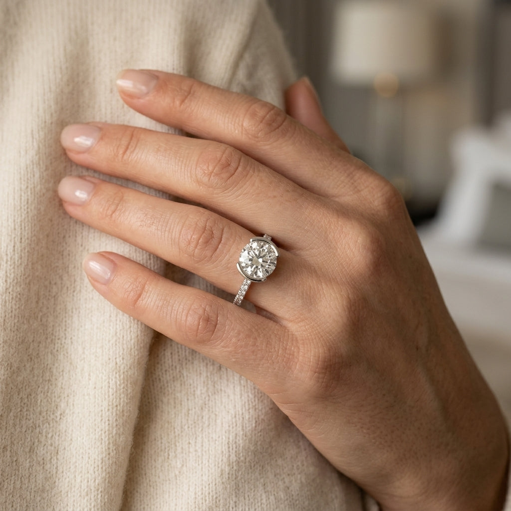 Accented Round Half Bezel Engagement Ring - worn lifestyle photo