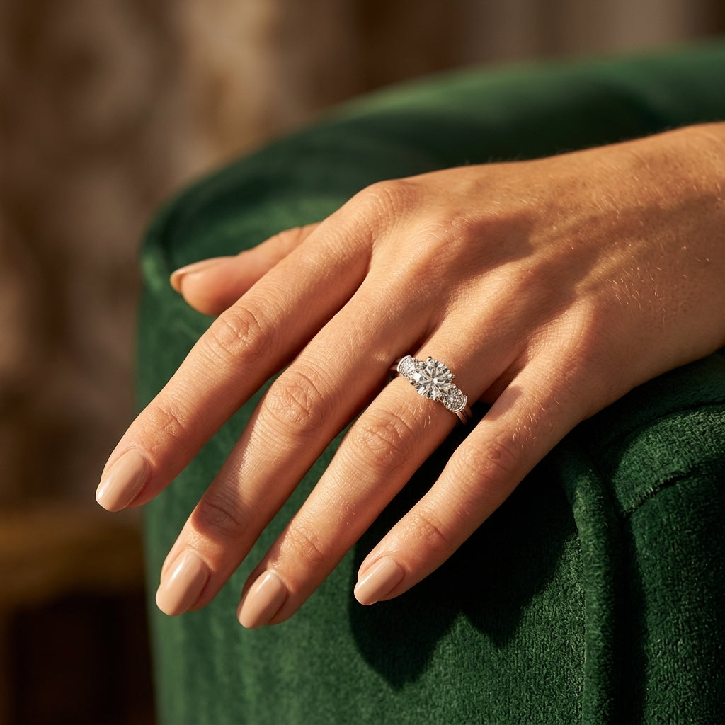 3-Stone Half Bezel Round Engagement Ring - worn lifestyle photo