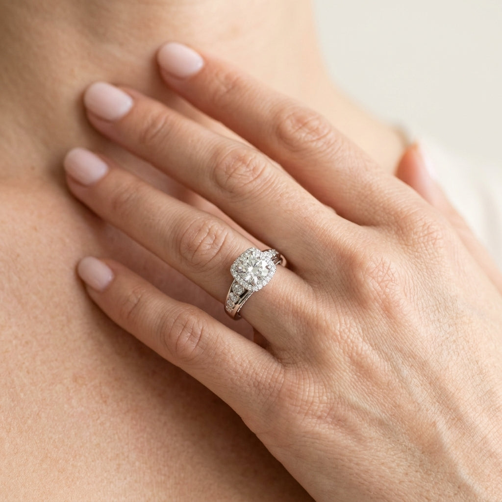 Multirow Bezel Set Round Halo Engagement Ring - worn lifestyle photo