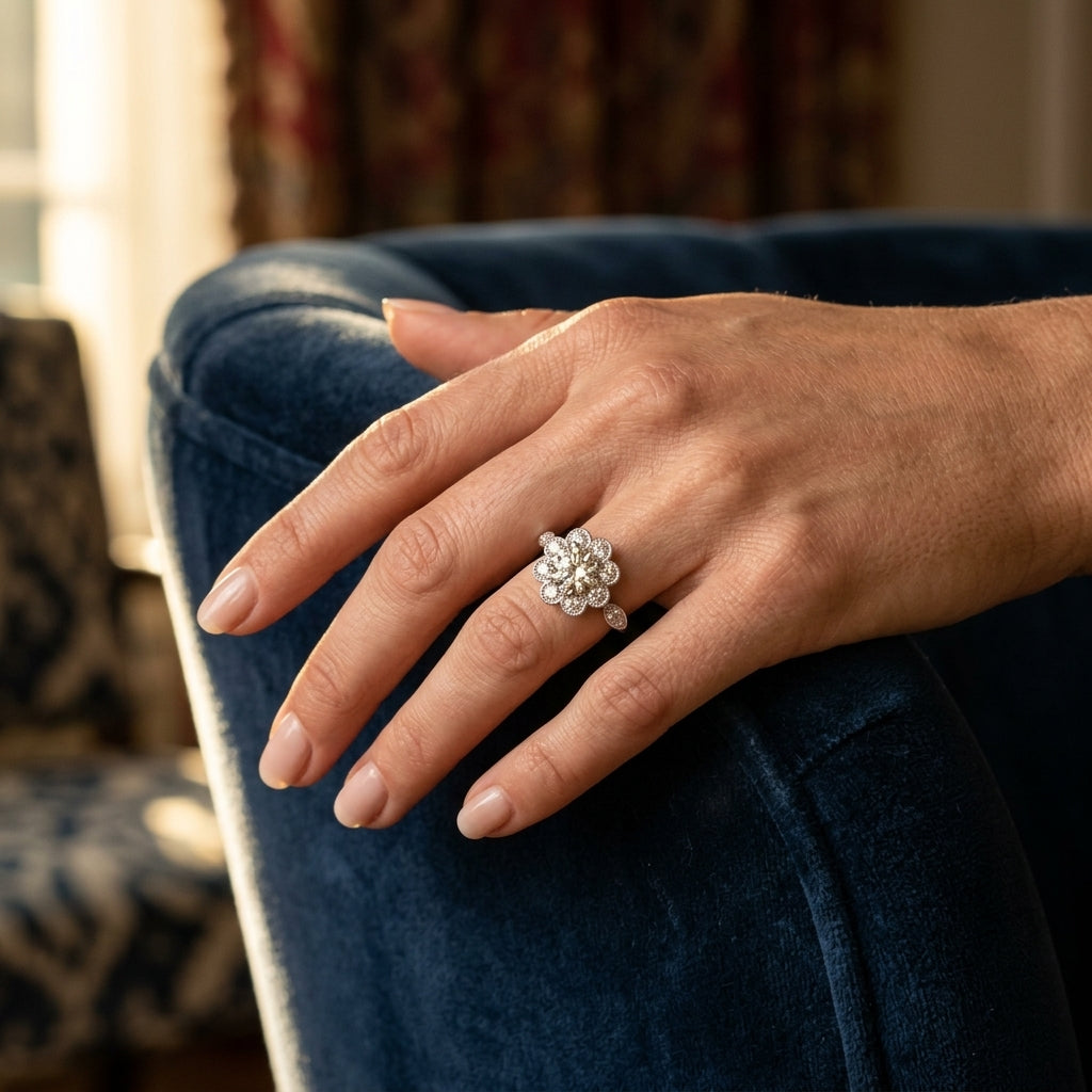 Bezel Set Round Halo Milgrain Engagement Ring - worn lifestyle photo