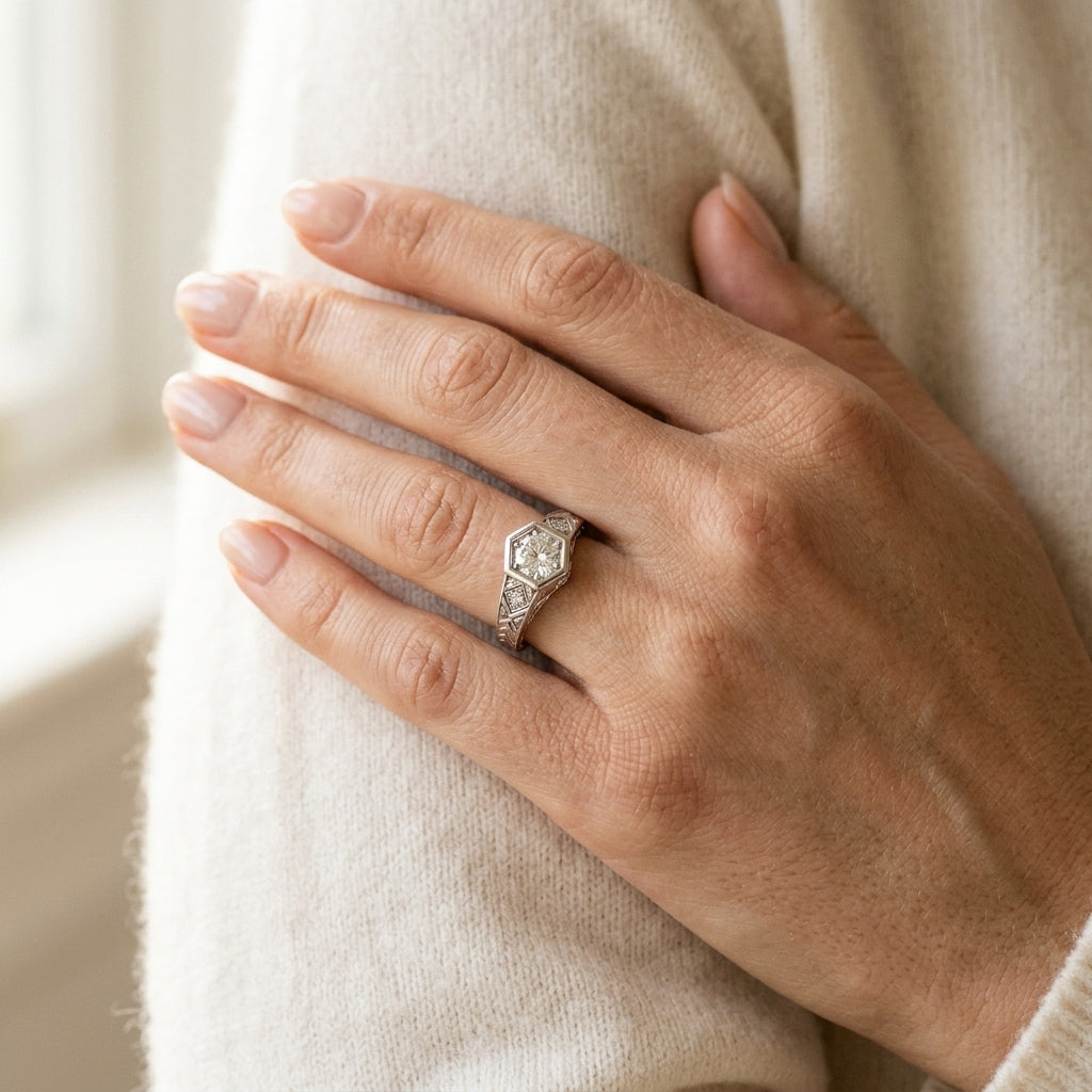 Vintage-Inspired Round Engagement Ring - worn lifestyle photo