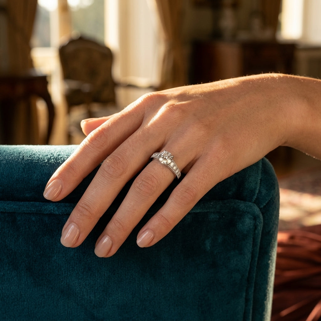 Graduating Single Row Milgrain Round Engagement Ring - worn lifestyle photo