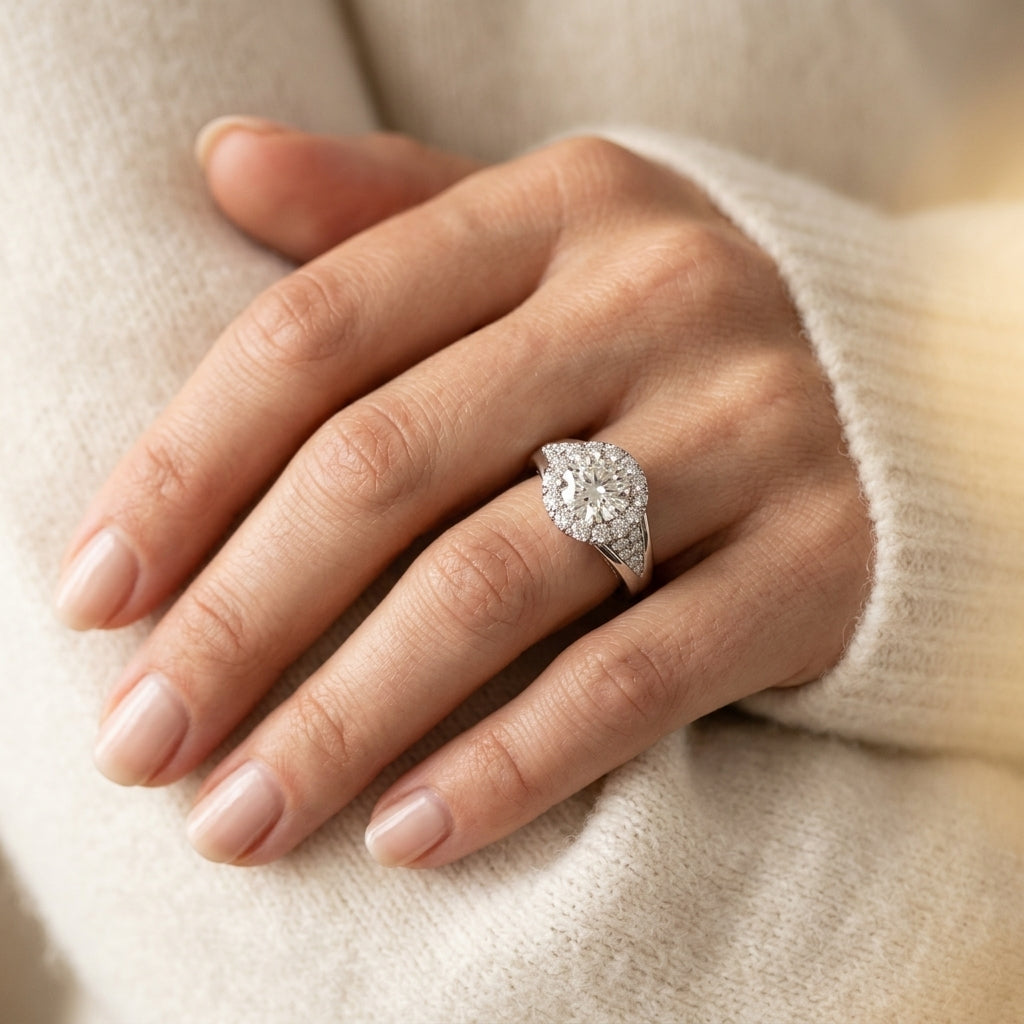 Vintage Round Halo Engagement Ring - worn lifestyle photo