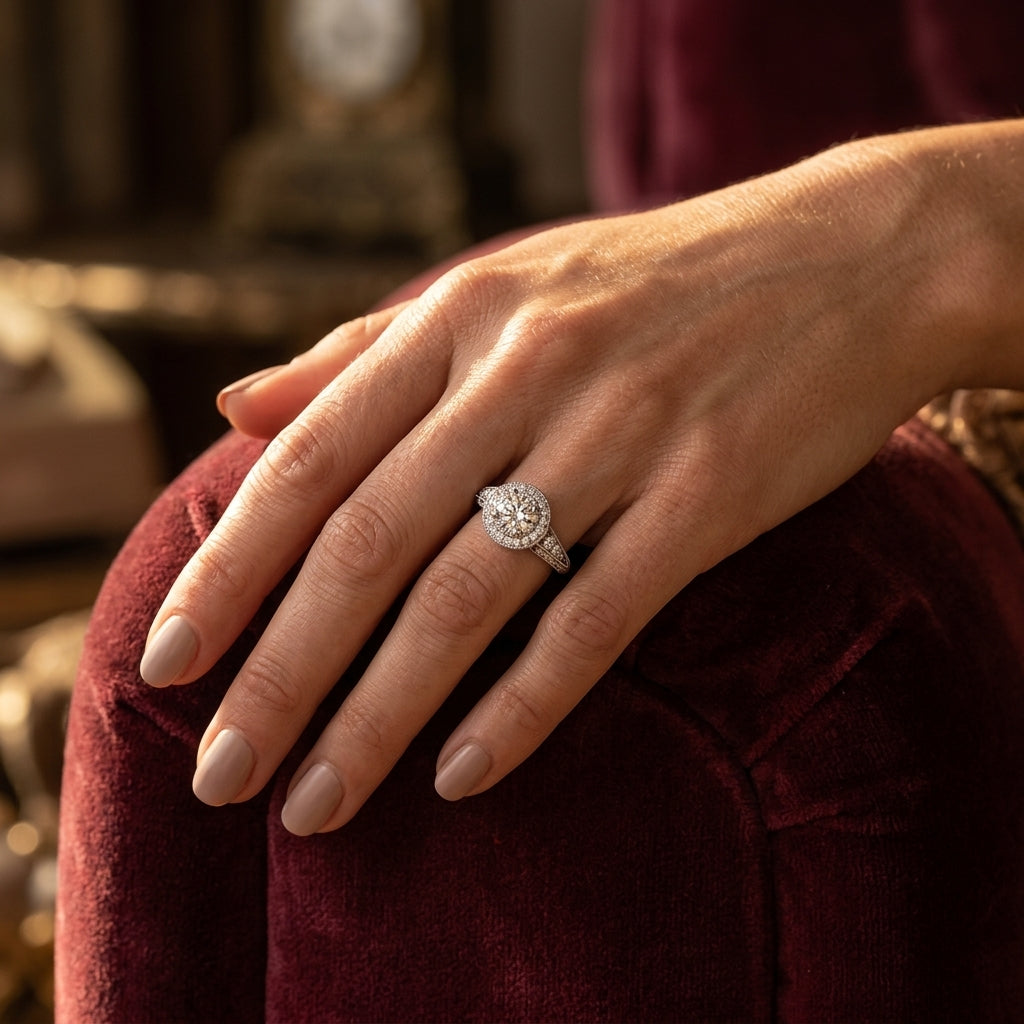 Vintage Inspired Milgrain Round Halo Engagement Ring - worn lifestyle photo