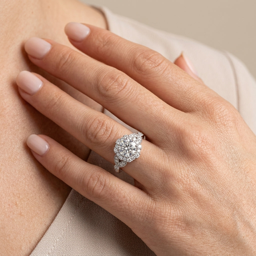Round Halo Vintage-Inspired Engagement Ring - worn lifestyle photo