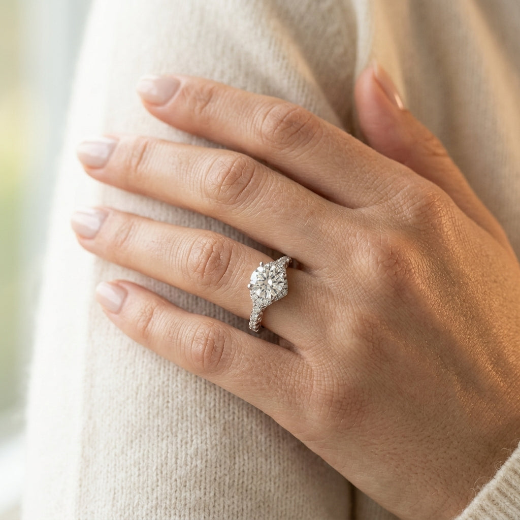 Vintage-Inspired Round Halo Engagement Ring - worn lifestyle photo