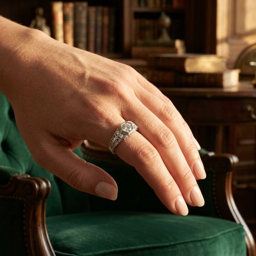 Vintage-Inspired Round Engagement Ring - worn lifestyle photo