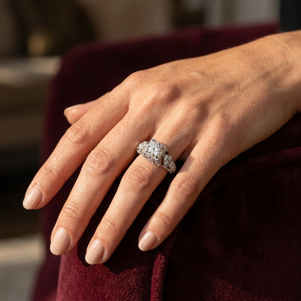 Antique Milgrain Round Engagement Ring - worn lifestyle photo