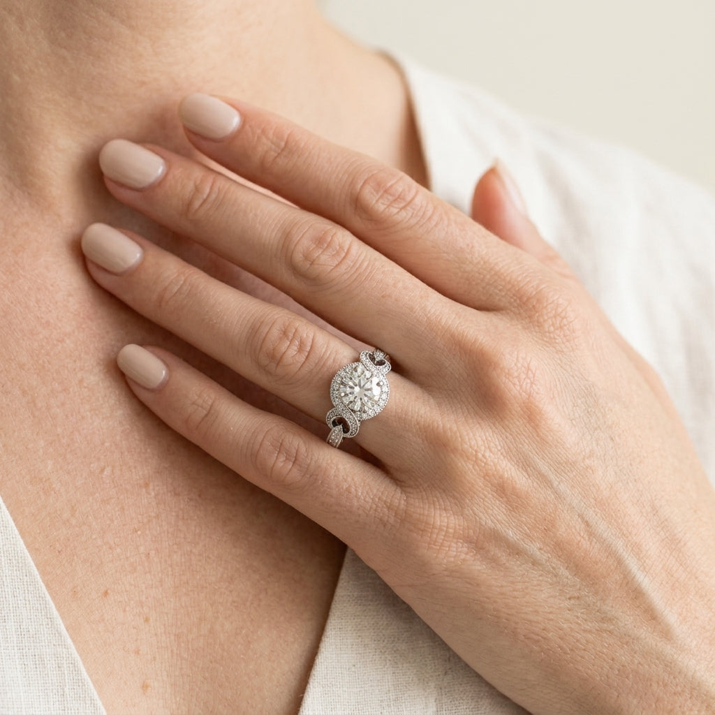 Twisted Shank Round Halo Milgrain Engagement Ring - worn lifestyle photo