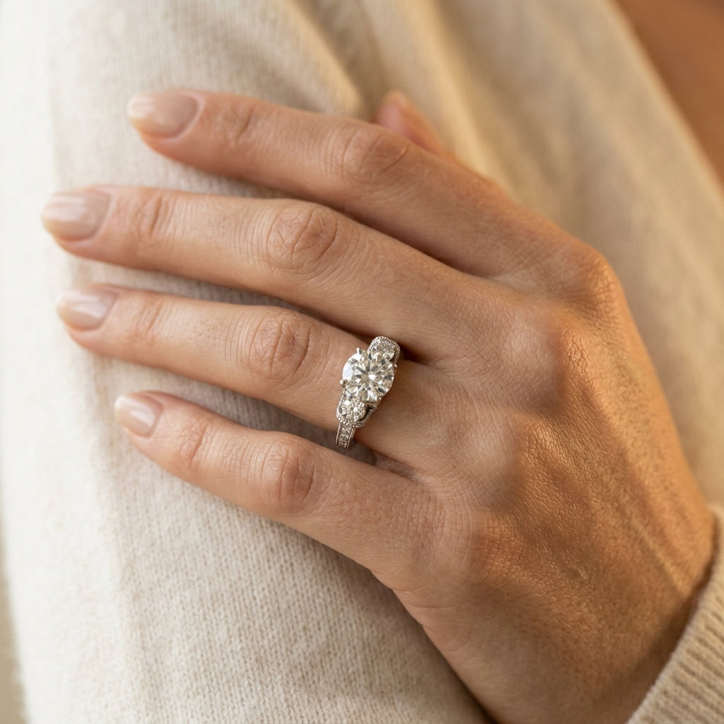 3-Stone Milgrain Round Engagement Ring - worn lifestyle photo
