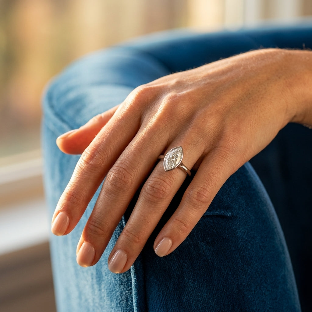 Bezel Set Marquise Solitaire Engagement Ring - worn lifestyle photo