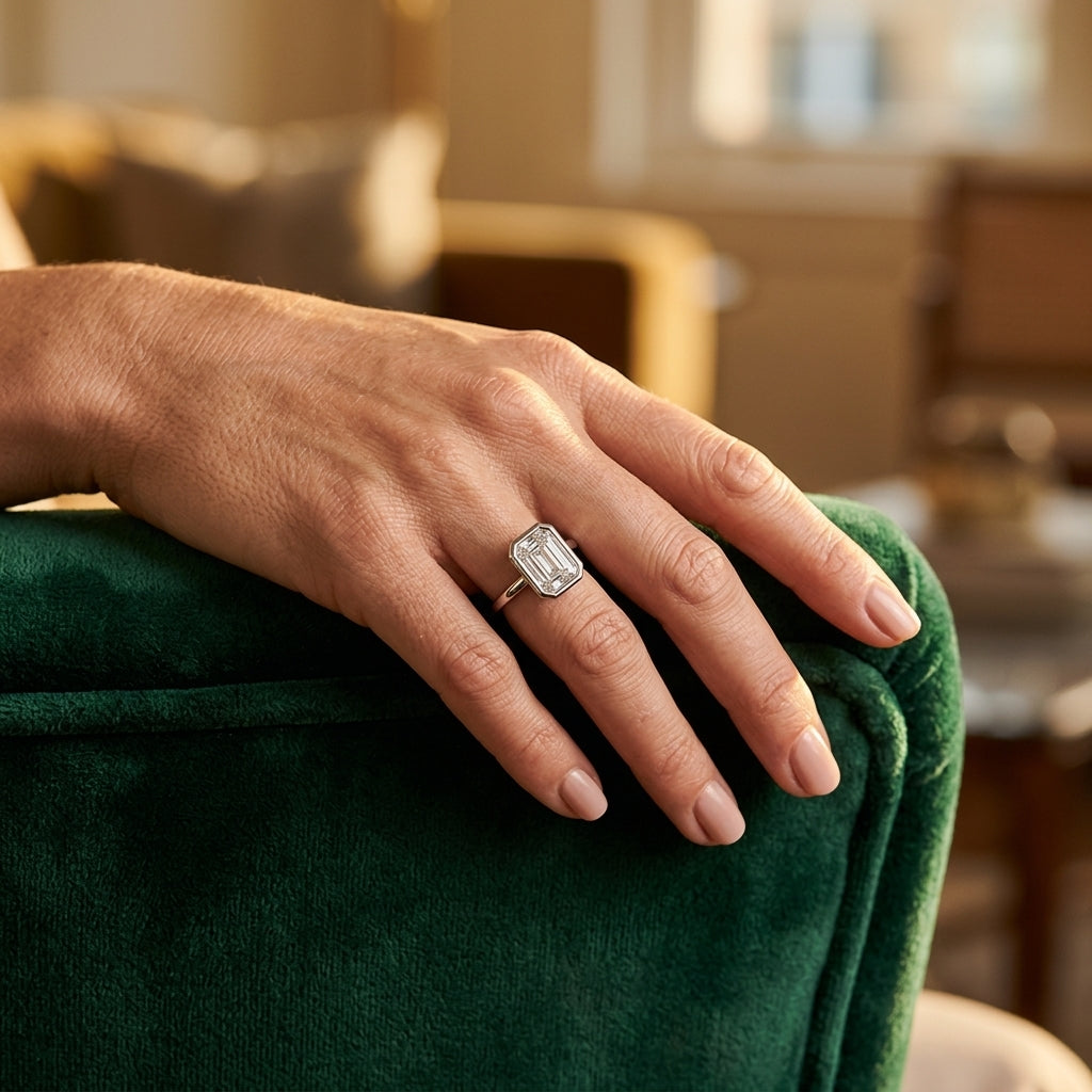Solitaire Bezel Set Emerald Cut Engagement Ring - worn lifestyle photo