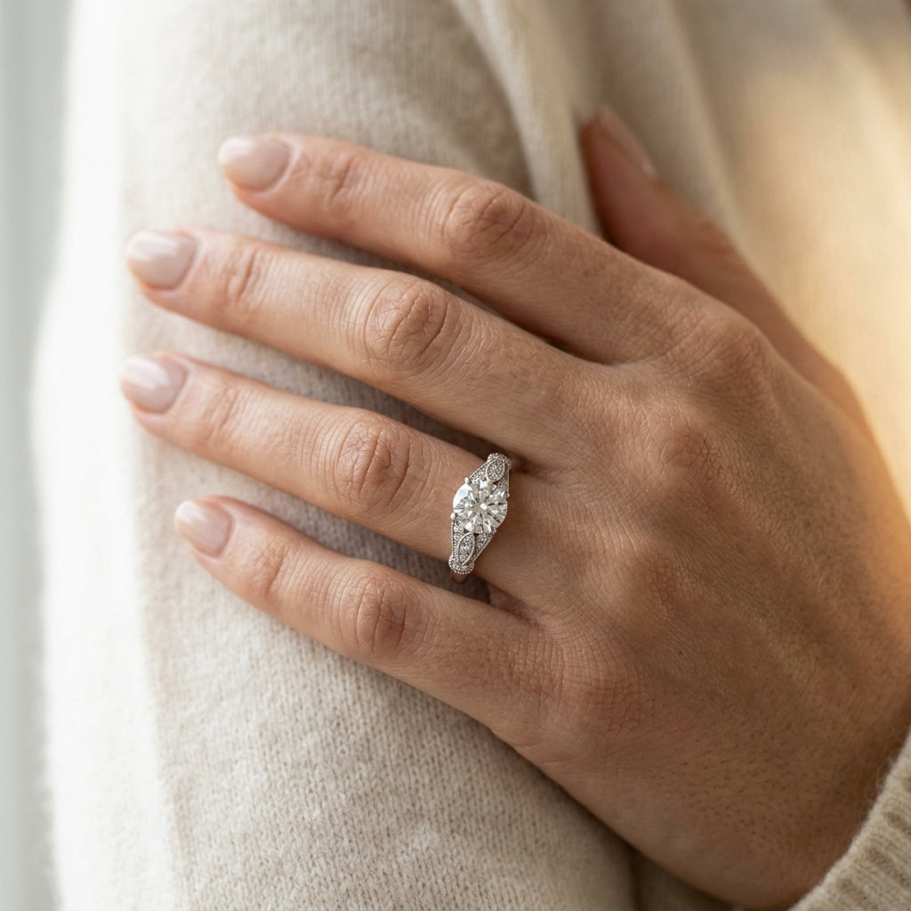 Vintage Marquise Shape Milgrain Engagement Rings - worn lifestyle photo