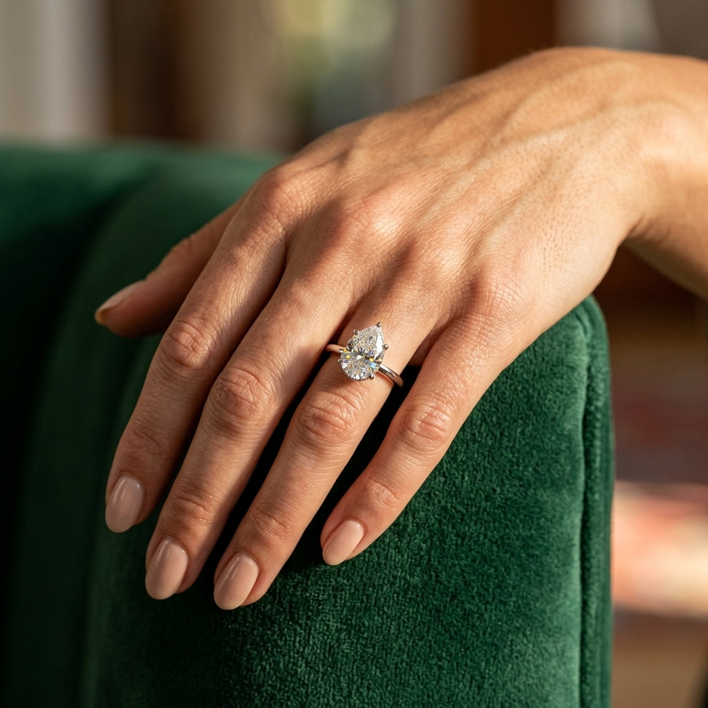 Pear Shaped Hidden Halo Engagement Ring - worn lifestyle photo