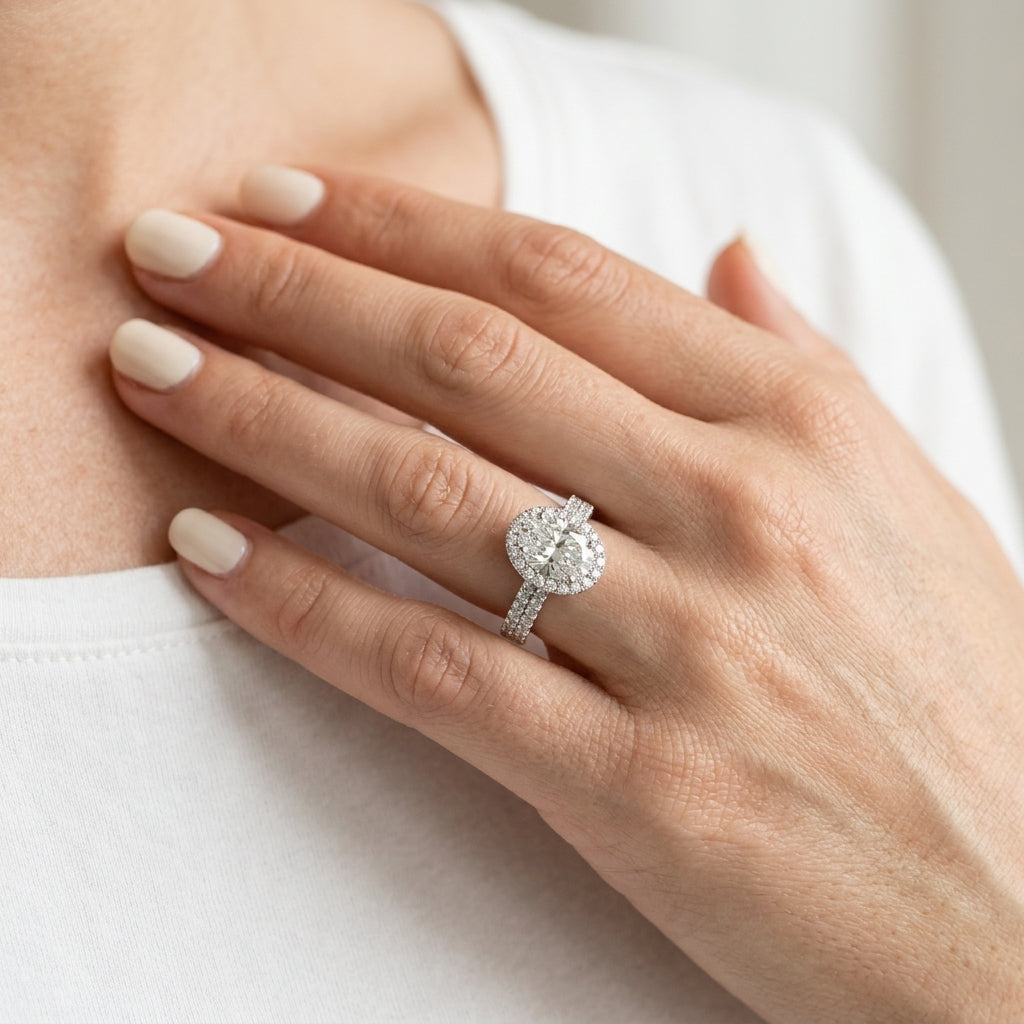 Multirow Pavé Halo Oval Shape Engagement Ring - worn lifestyle photo