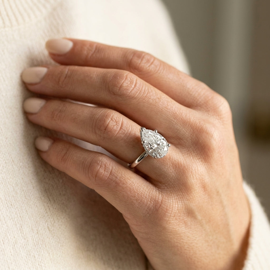 Double Hidden Halo Pear Engagement Ring - worn lifestyle photo