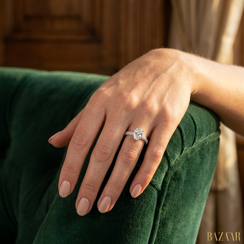 Multirow Pave Set Oval Shape Engagement Rings - worn lifestyle photo