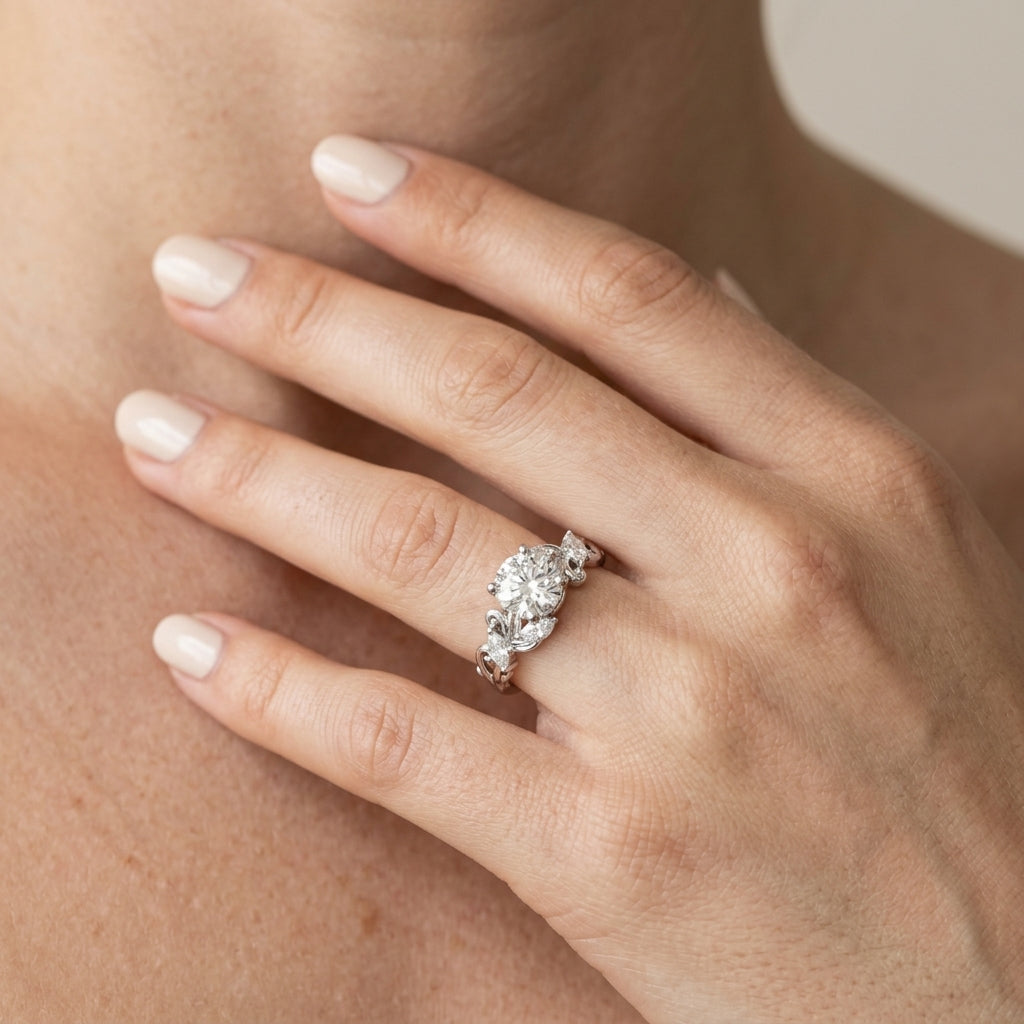 Vintage-Inspired Marquise Accented Engagement Ring - worn lifestyle photo