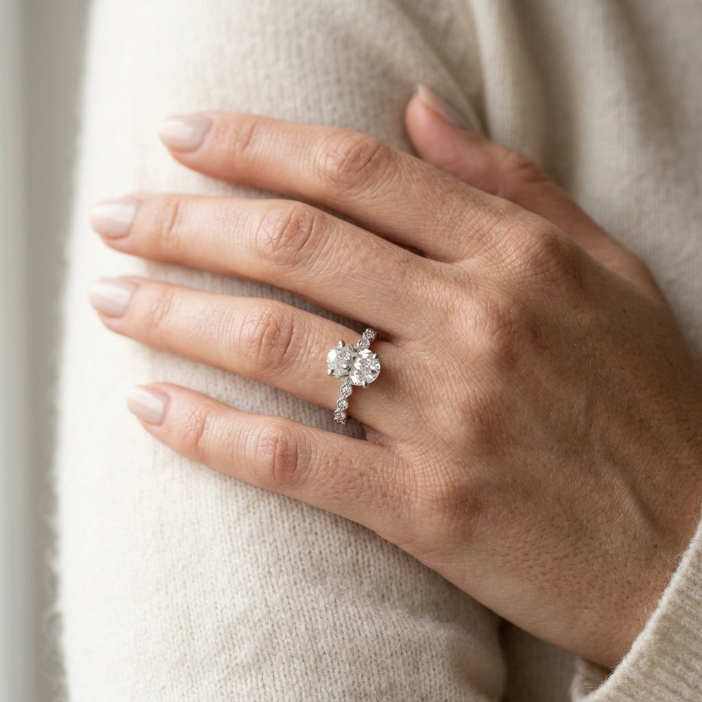 Marquise Shaped Milgrain Engagement Ring - worn lifestyle photo