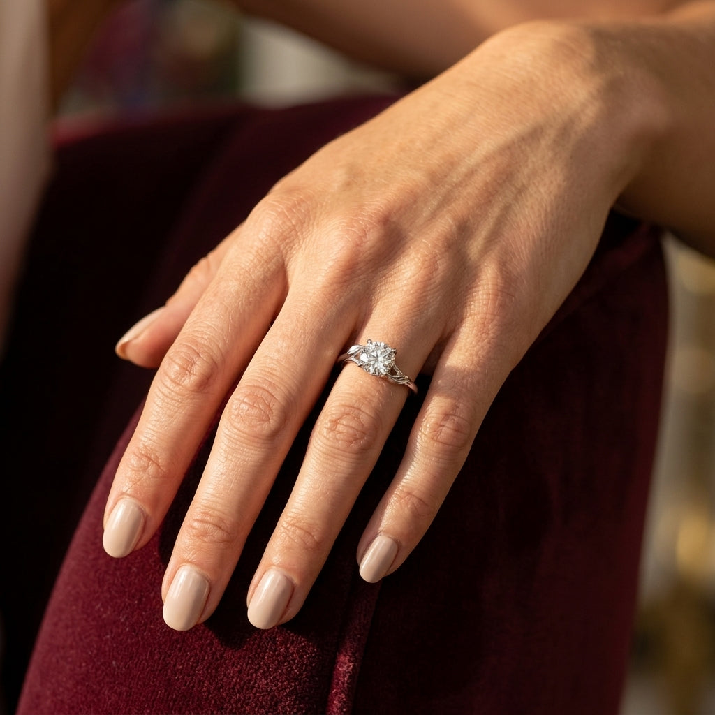 Floral Solitaire Round Engagement Ring - worn lifestyle photo