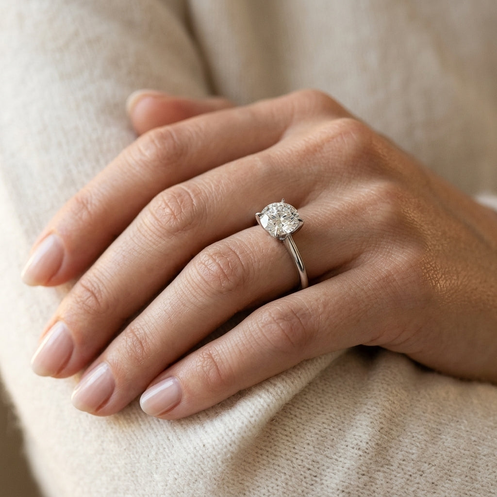 SOLITAIRE ROUND ENGAGMENT - worn lifestyle photo