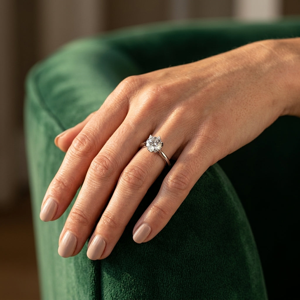 6-Prong Round Tulip Solitaire Engagement Ring - worn lifestyle photo