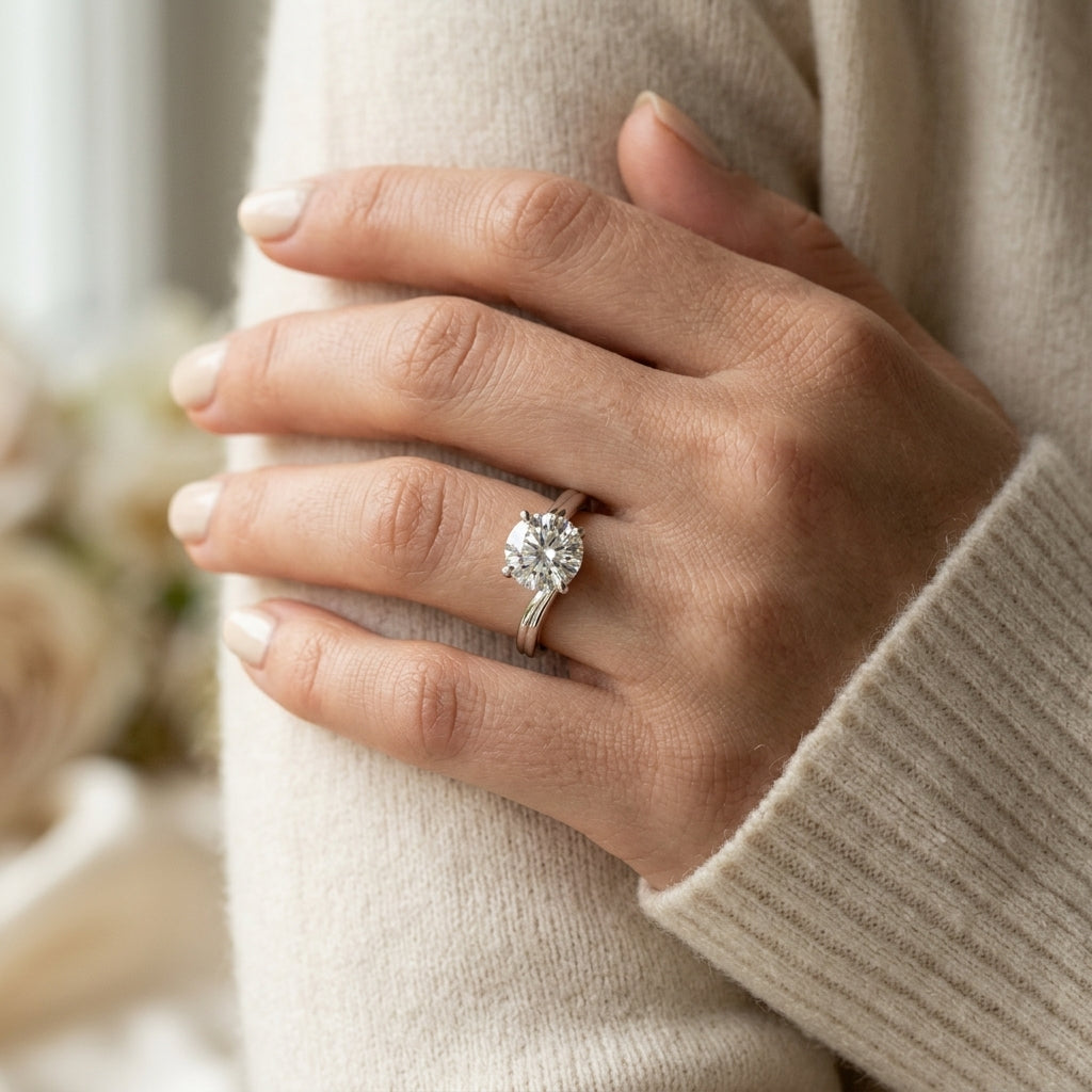 Round Solitaire Bypass Engagement Ring - worn lifestyle photo
