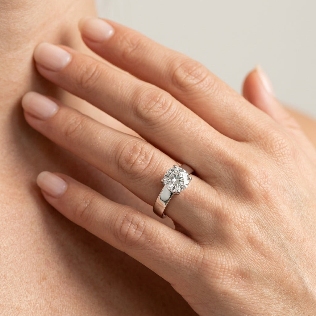 Round Trellis Solitaire Engagement Ring - worn lifestyle photo