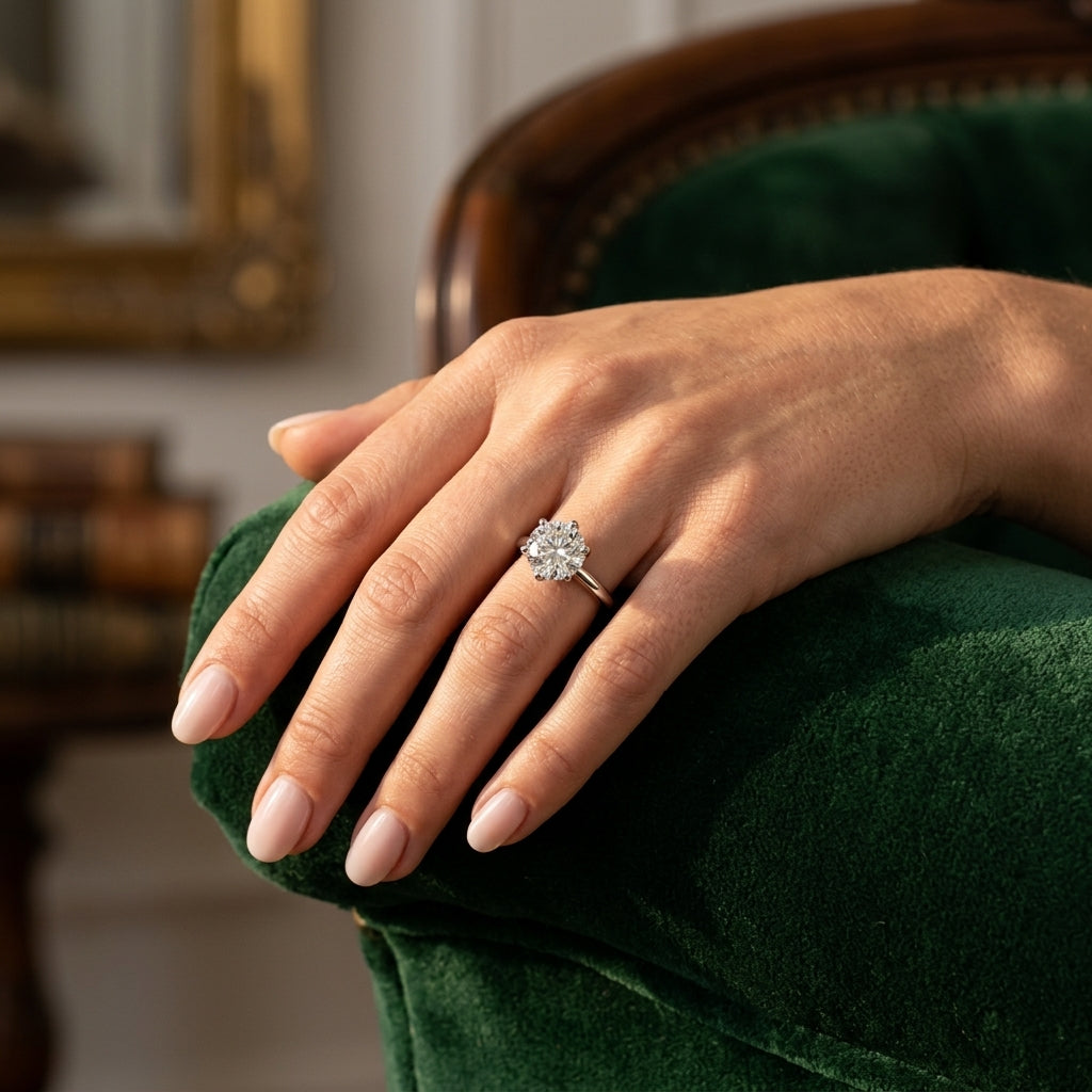 6-Prong Round Solitaire Engagement Ring - worn lifestyle photo