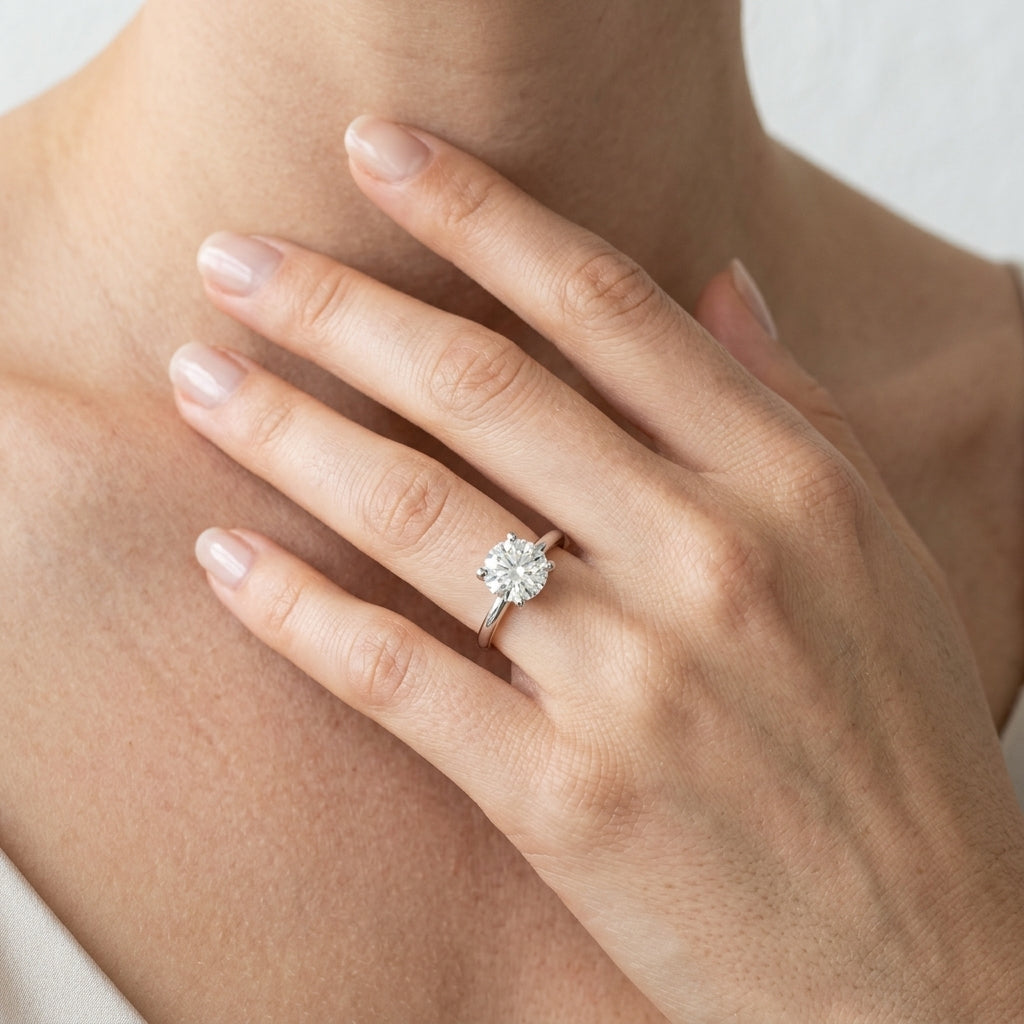 Solitaire Round Engagement Ring - worn lifestyle photo