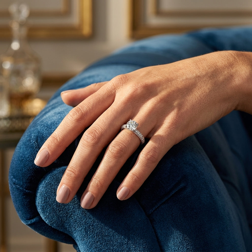 Pavé Set Round Engagement Ring - worn lifestyle photo