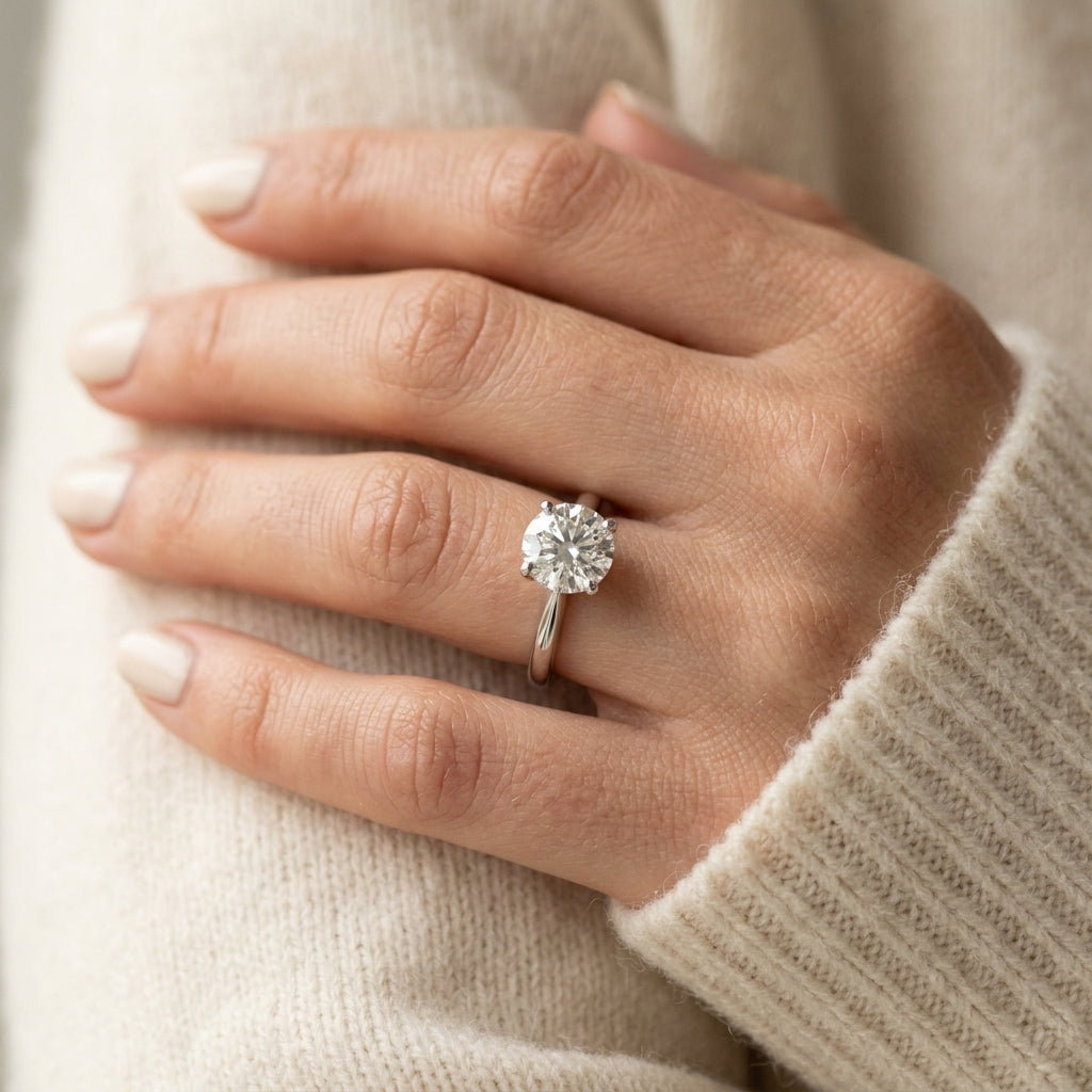Double Prong Round Solitaire Engagement Ring - worn lifestyle photo