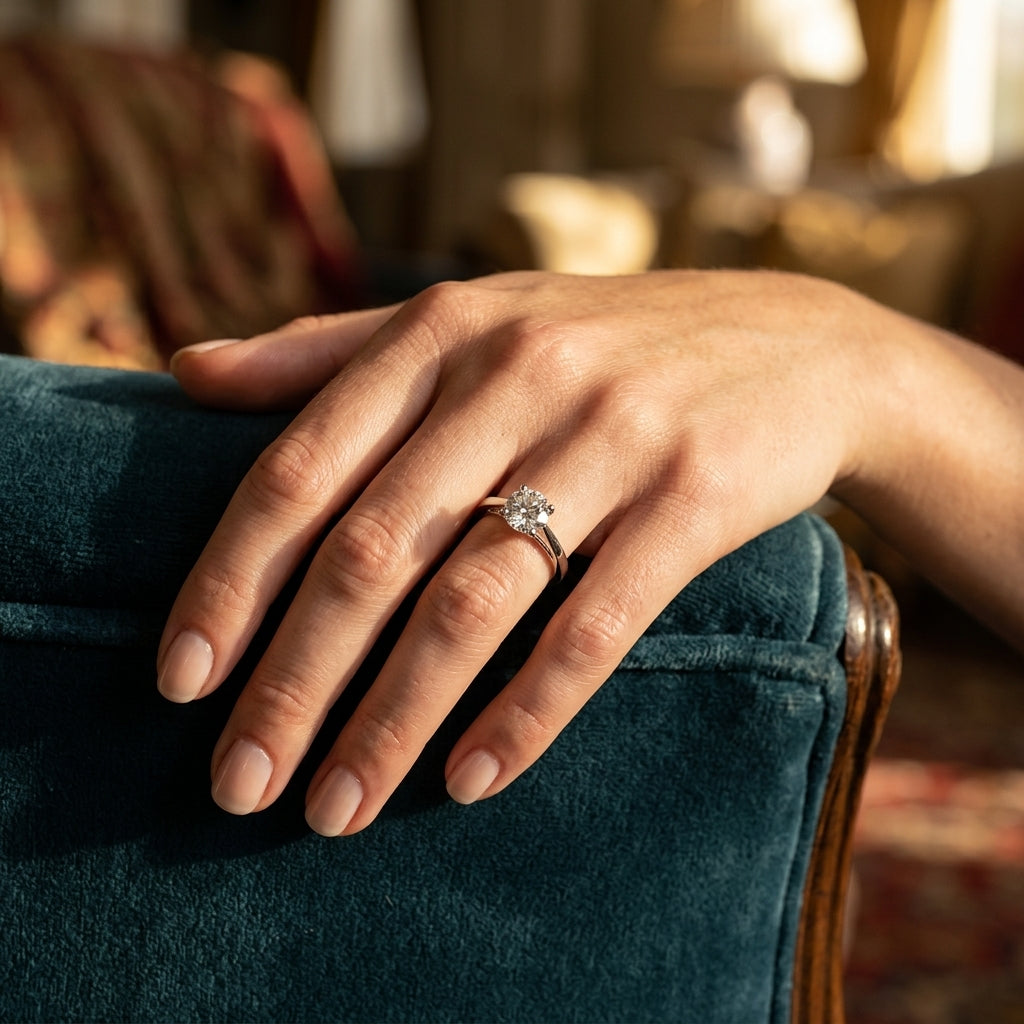 Solitaire Round Engagement Ring - worn lifestyle photo