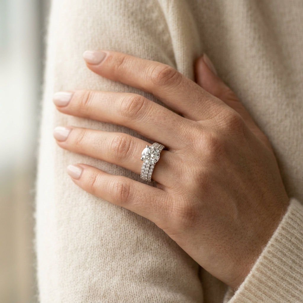Round Pavé Engagement Ring - worn lifestyle photo