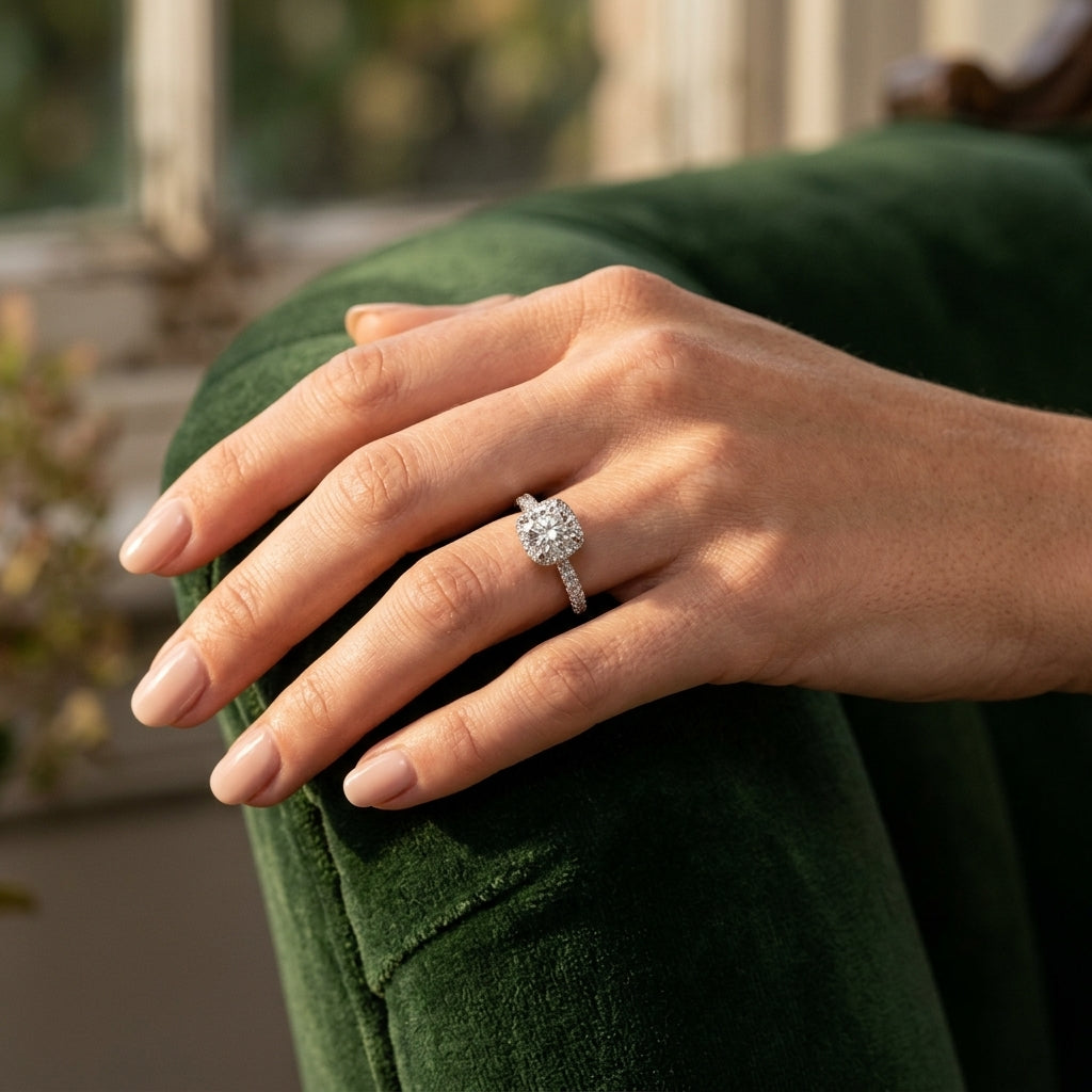 Round Halo Pavé Engagement Ring - worn lifestyle photo