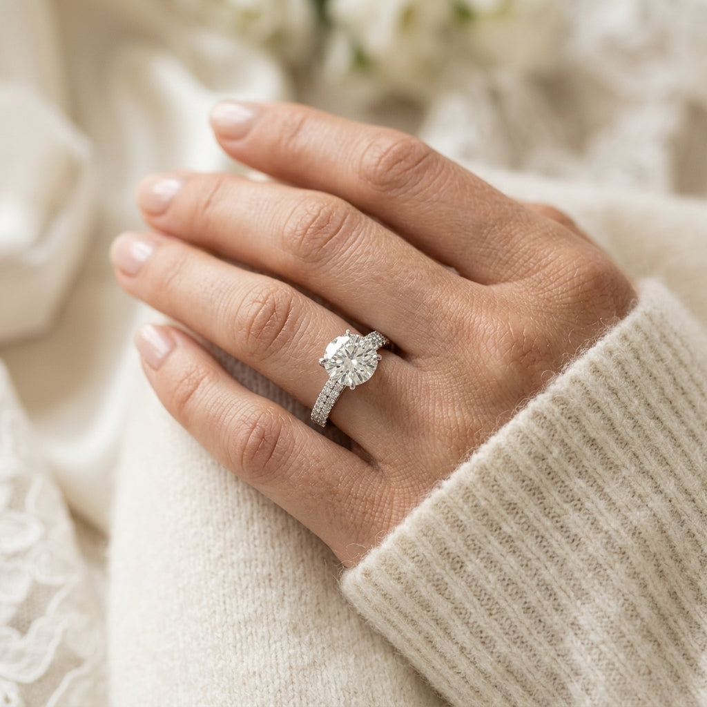 Round Pavé Engagement Ring - worn lifestyle photo
