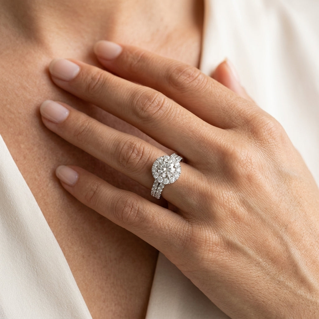 Double Row Pavé Round Halo Engagement Ring - worn lifestyle photo