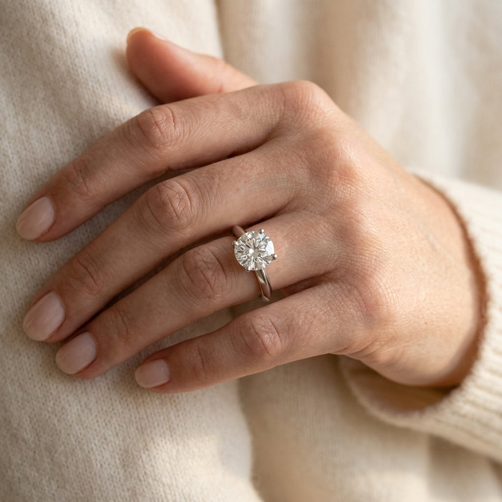 Solitaire Knife Edge Round Engagement Ring - worn lifestyle photo