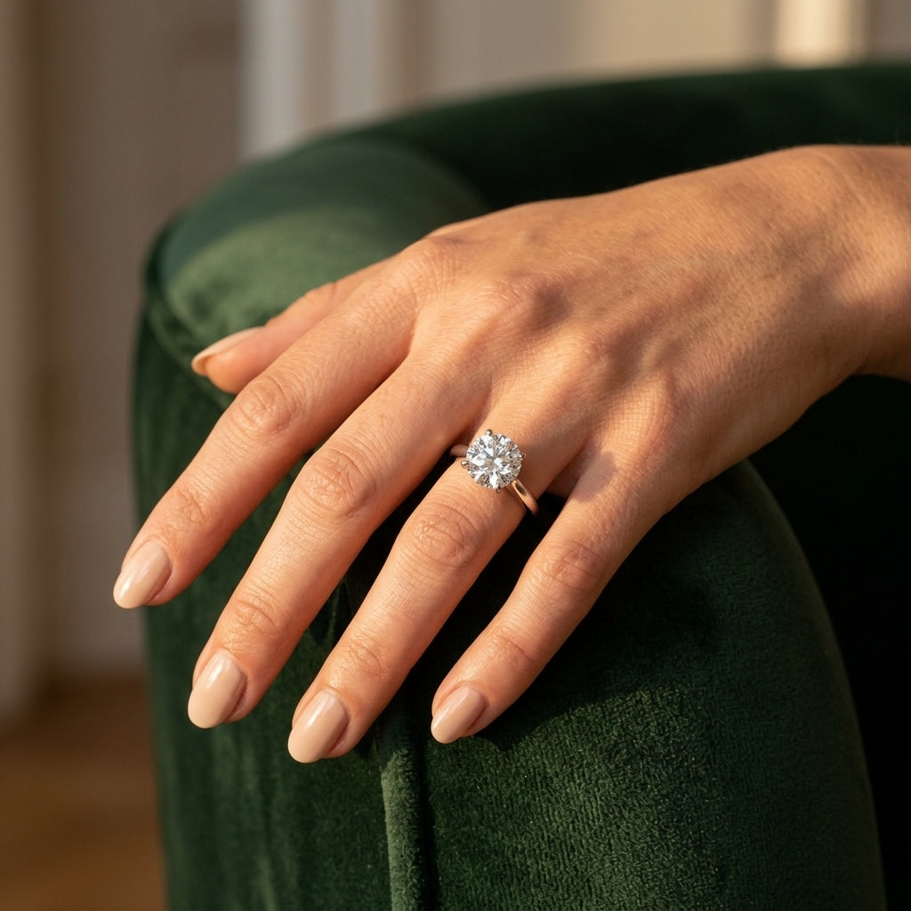 Solitaire Round Diamond Engagement Ring - worn lifestyle photo