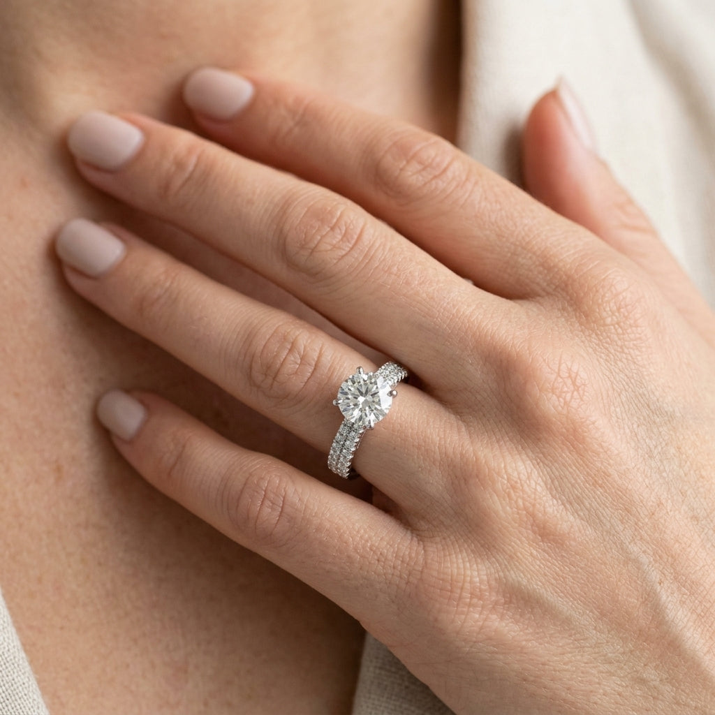 Round 2-Row Pavé Engagement Ring - worn lifestyle photo